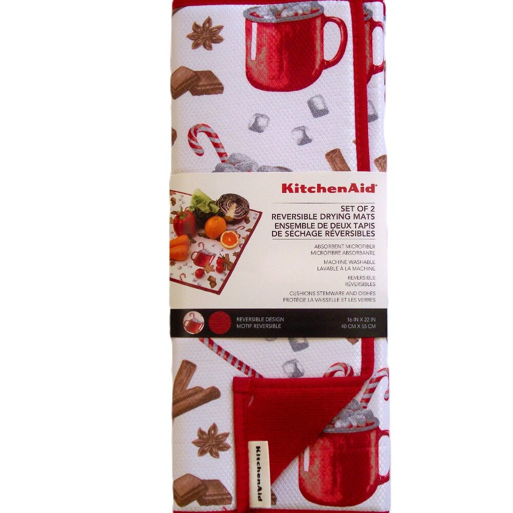 KitchenAid Set of 2 Reversible Drying Mats Red White Peppermint Mocha Coffee NIP